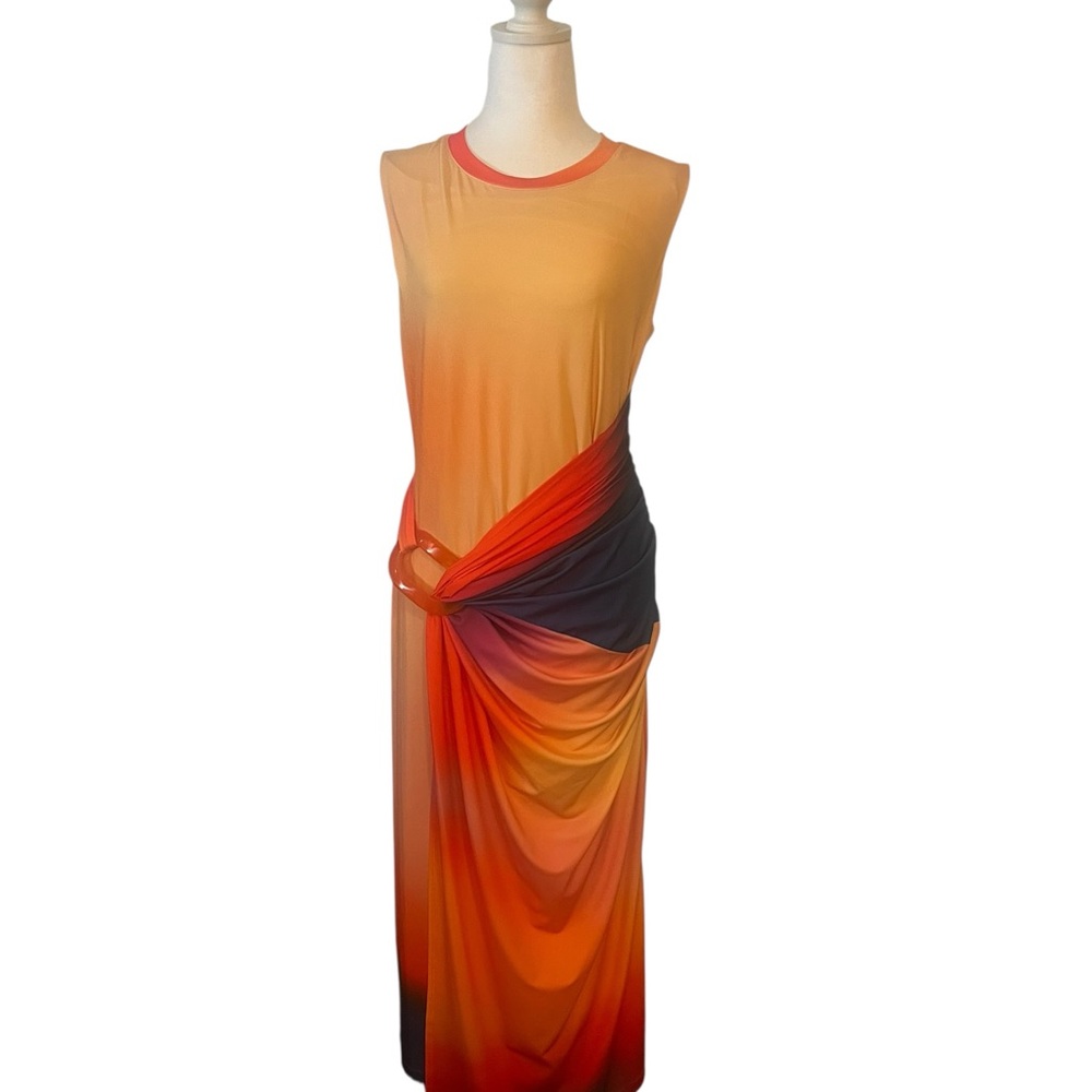 Halston NWT Sunset Ombré Draped Ring Detail Maxi Dress Size 12